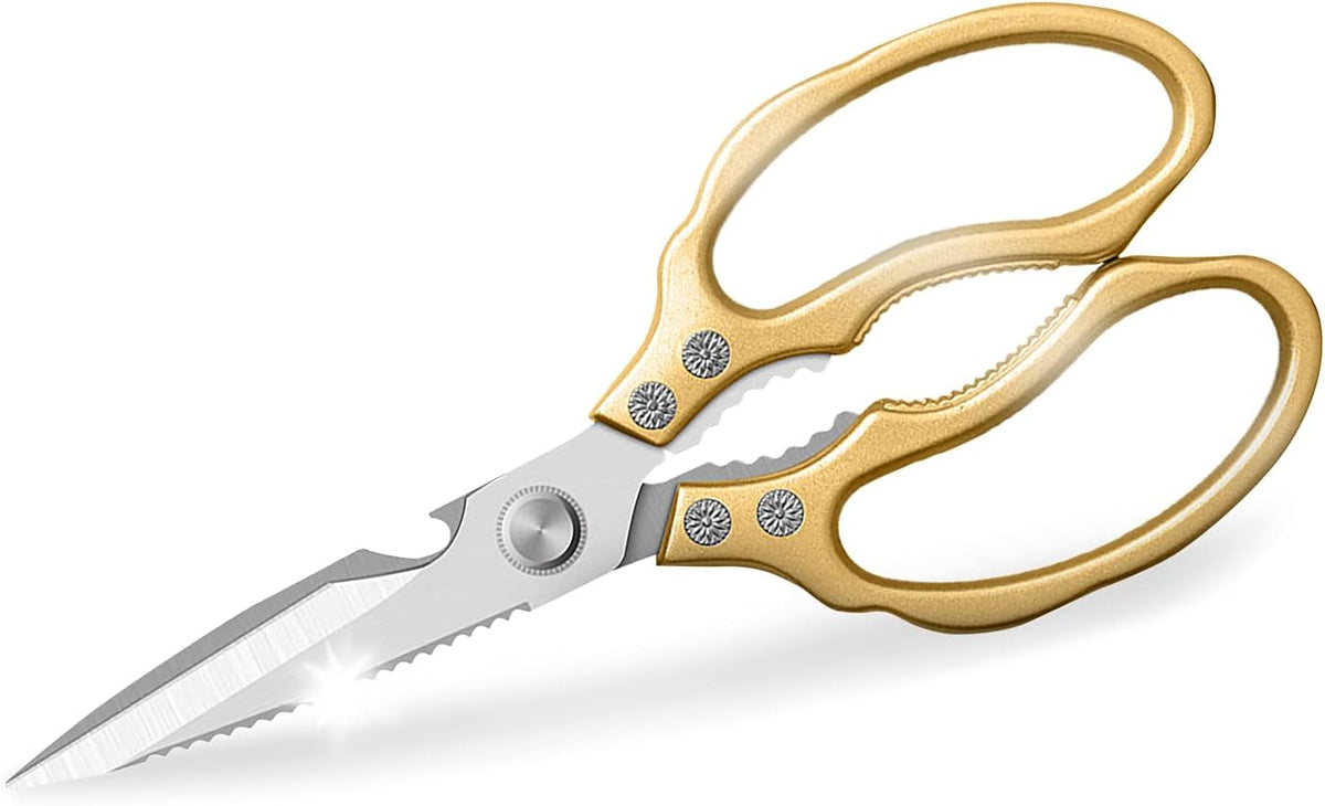 AWinjoy Kitchen Scissors, Heavy Duty Sharp Shears Dishwasher Safe, Kitchen Accessories Cooking Shears for Meat Chicken Fish Poultry Herb Bread (gold)