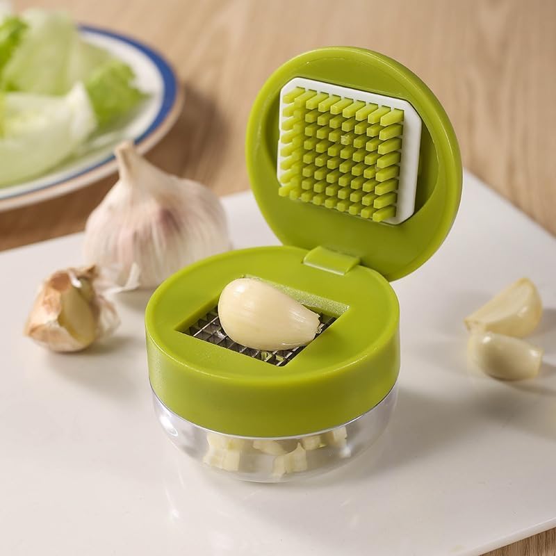Mini Garlic Chopper and Press with Container, Emptycolor Manual Garlic Mincer Crusher Cutter Grinder, Stainless Steel Blades, Handheld Garlic Slicer Dicer Zoom Tool – Green