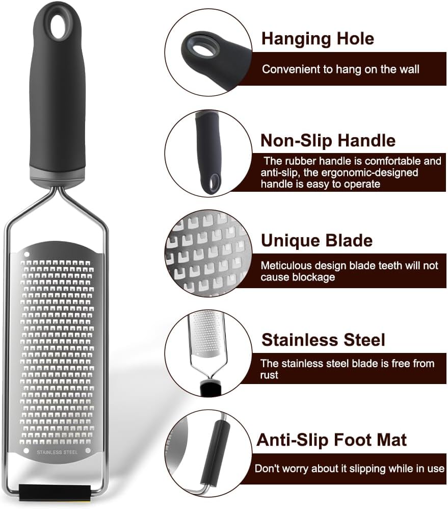 Upgraded Lemon Zester & Cheese Grater, Food Grade Stainless Steel None-Slip Hand Fine Grater for Garlic, Ginger, and Chocolate, Durable and Easy-To-Clean(Dishwasher Safe)