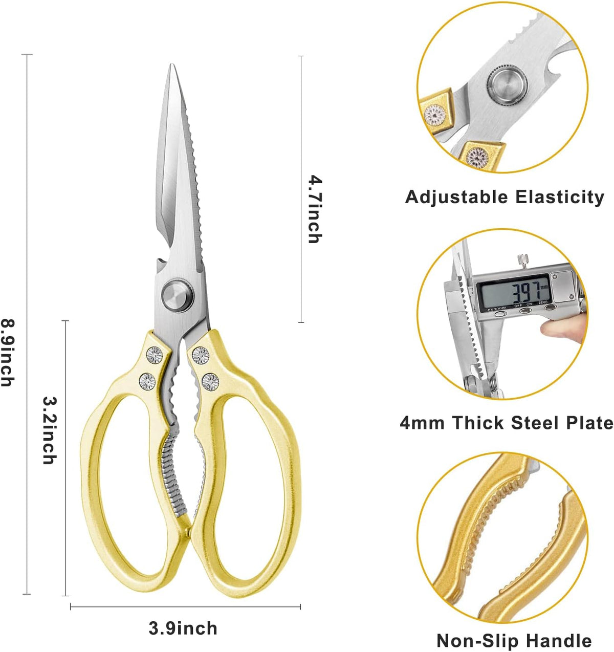 AWinjoy Kitchen Scissors, Heavy Duty Sharp Shears Dishwasher Safe, Kitchen Accessories Cooking Shears for Meat Chicken Fish Poultry Herb Bread (gold)