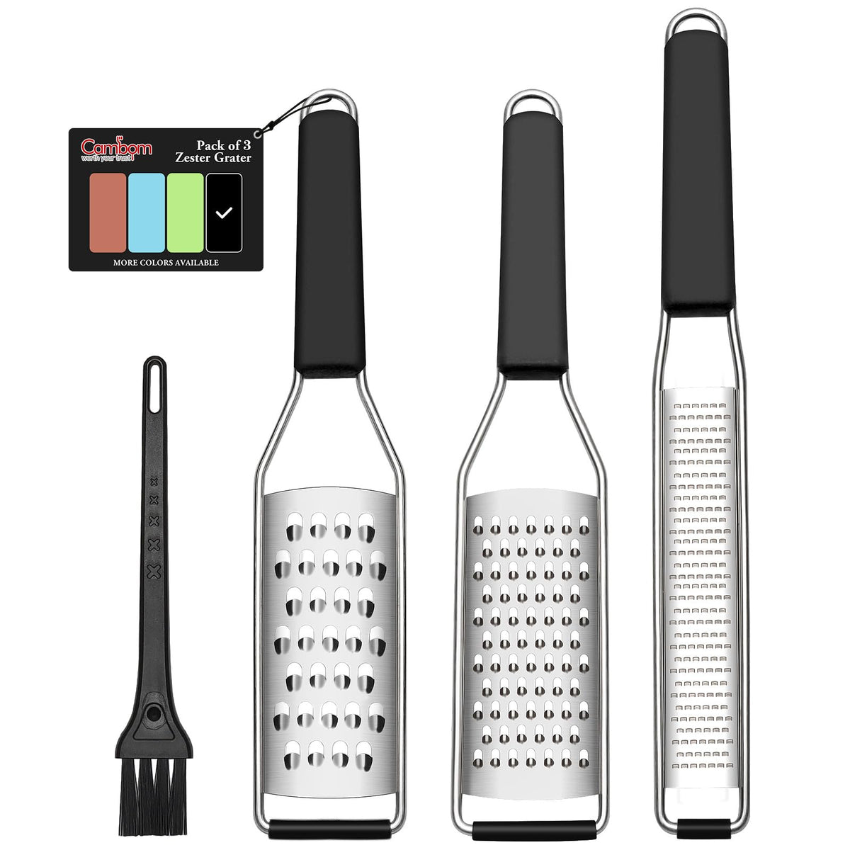 Cambom Lemon Zester Grater Three-piece Suit - Heavy Duty Kitchen Tool for Parmesan Cheese, Ginger, Garlic, Nutmeg, Chocolate, Vegetables,Fruits,Stainless Steel Grater Dishwasher Safe Black