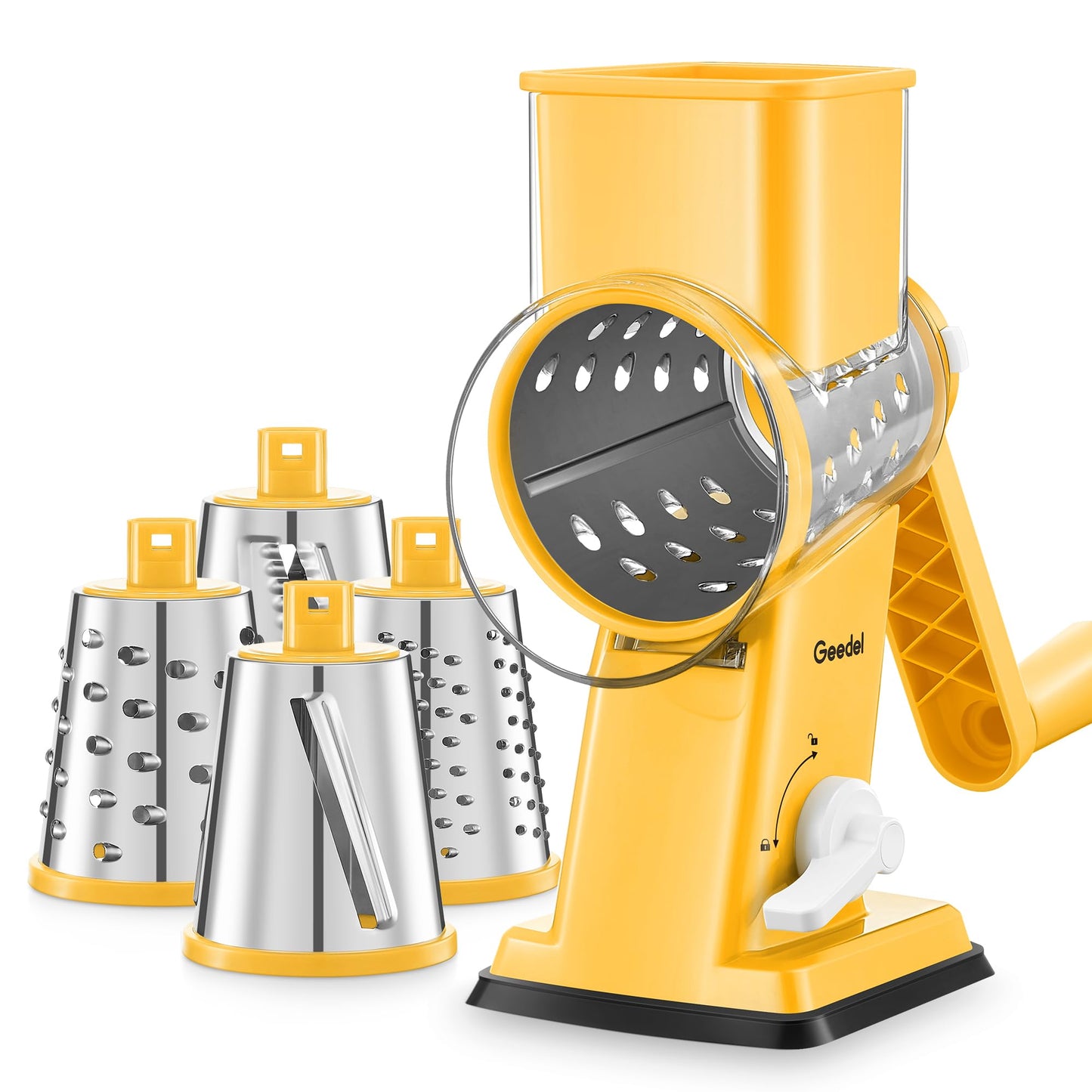 Geedel Upgraded Rotary Cheese Grater Hand Crank, Vegetable Shredder Slicer | 4 Blades, Stronger Suction Base, Wider Chute, 18x Faster Cutting, No BPA, Stainless Steel, for Cheese, Veggies, Nut