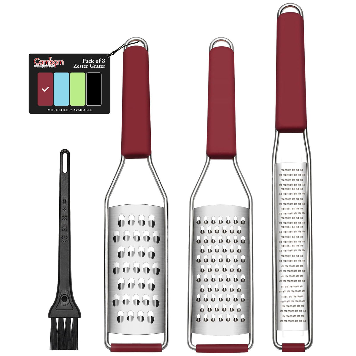 Cambom Lemon Zester Grater Three-piece Suit - Heavy Duty Kitchen Tool for Parmesan Cheese, Ginger, Garlic, Nutmeg, Chocolate, Vegetables,Fruits,Stainless Steel Grater Dishwasher Safe Black