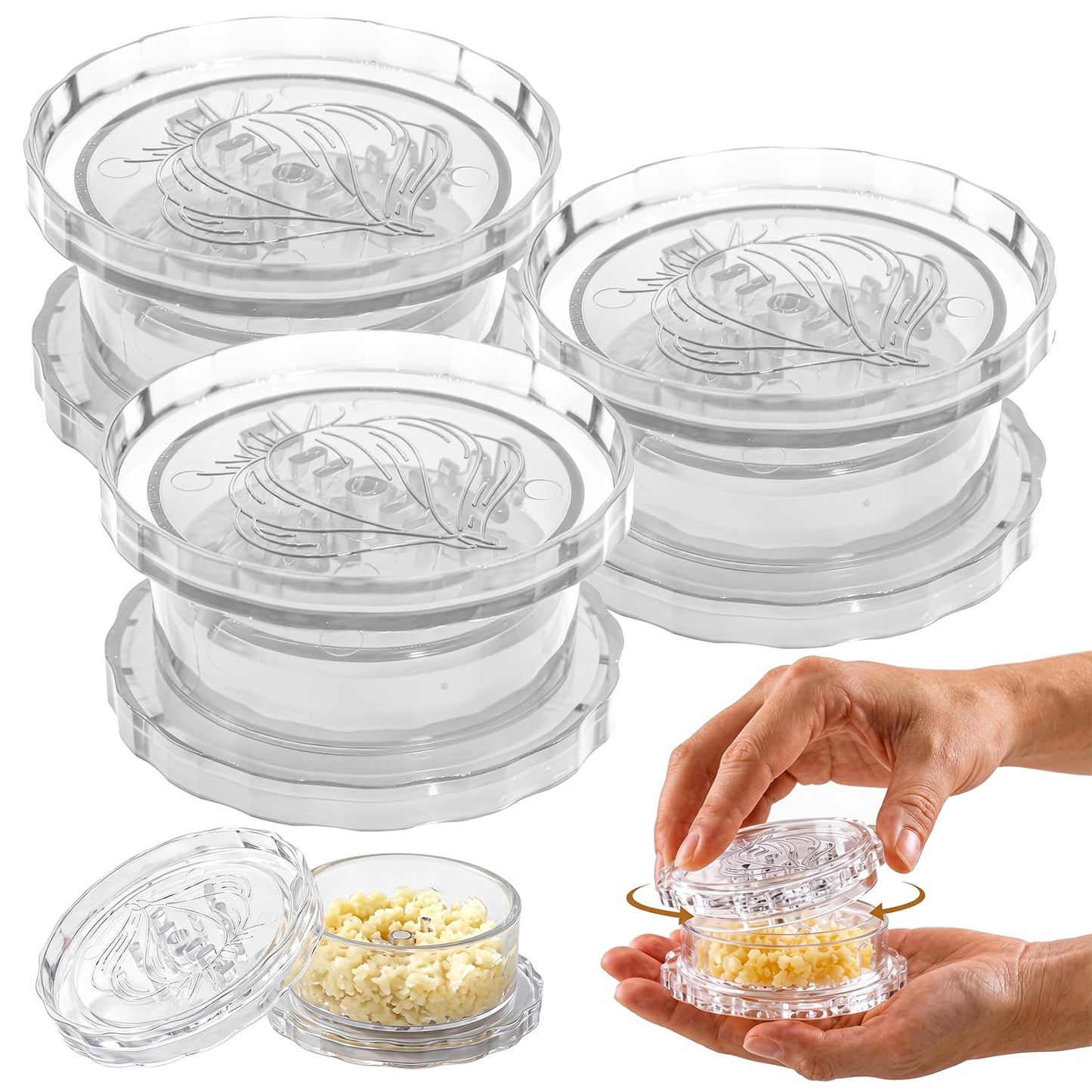 3 Pack Transparent Garlic Press, Manual Garlic Crusher and Mincer—Plastic Garlic Grinder and Chopper, rotary chopper suitable for garlic, chili peppers, compact and space-saving