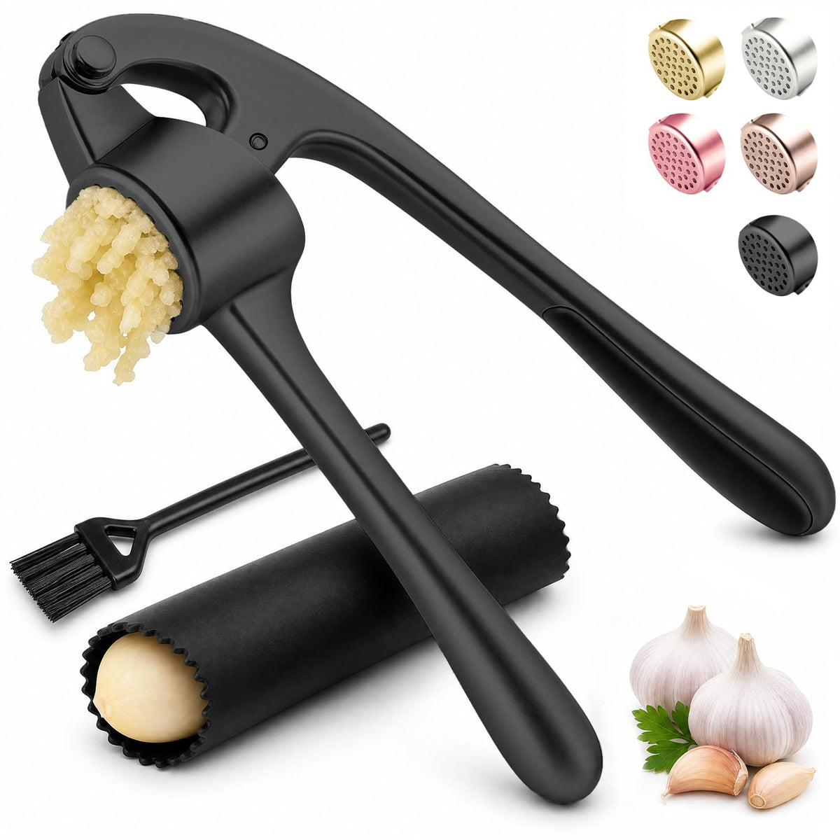Kitchen Garlic Press, Rust Proof & Dishwasher Safe Garlic Mincer, Durable Garlic Crusher Set with Peeler&Brush, Easy to Clean and Squeeze, Matte