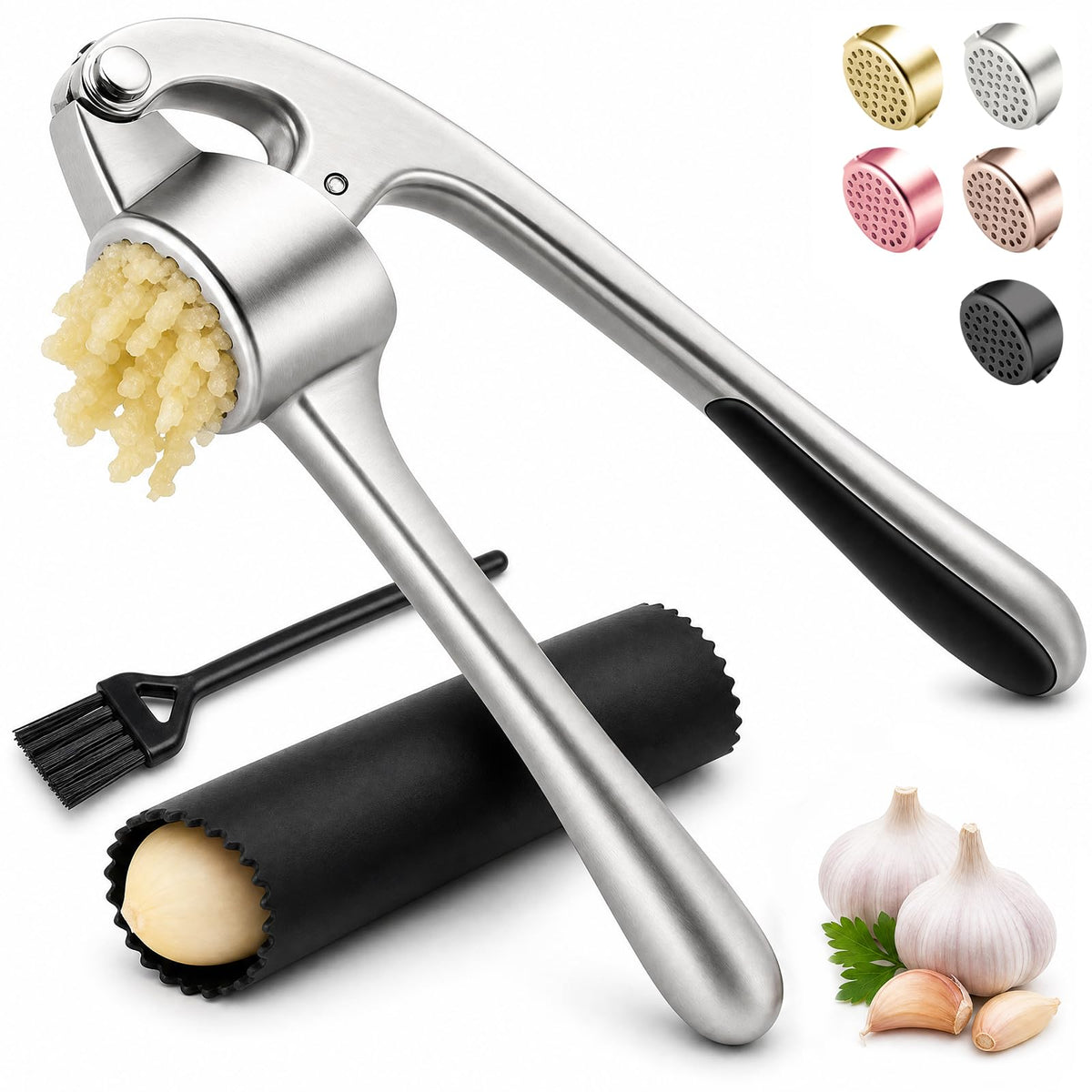 Kitchen Garlic Press, Rust Proof & Dishwasher Safe Garlic Mincer, Durable Garlic Crusher Set with Peeler&Brush, Easy to Clean and Squeeze, Matte