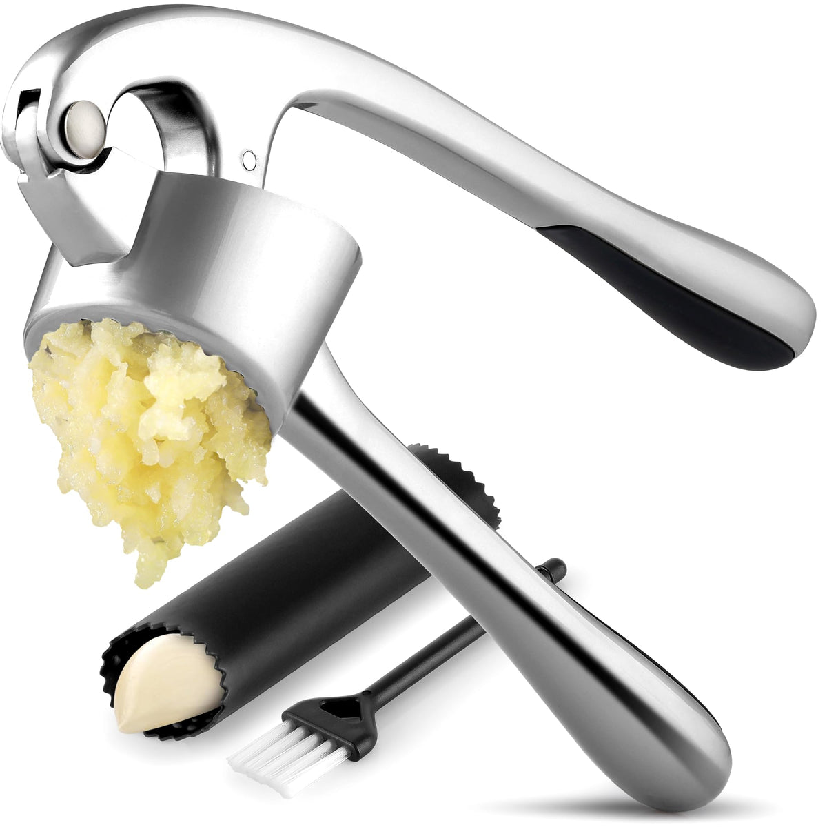 Zulay Kitchen Stainless Steel Garlic Press Rocker Set - Time Saving, Durable Strong Garlic Mincer Tool - Easy to Use & Clean Garlic Crusher Set with Peeler and Scraper Kitchen Gadget Smasher
