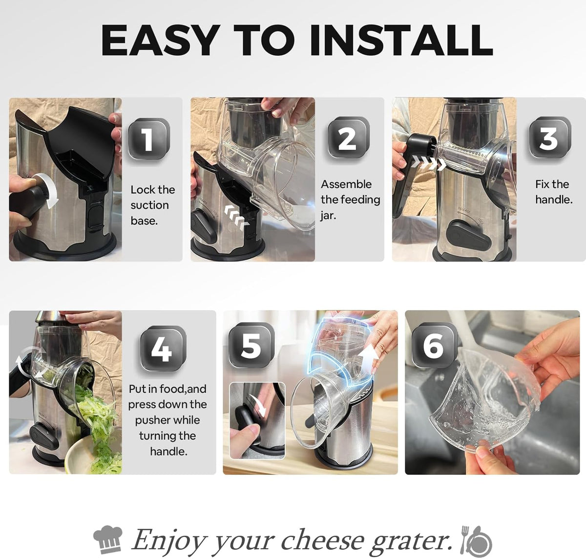 Airpro Rotary Cheese Grater with Handle - Vegetable Shredder with 3 Stainless Steel Blades & Strong Suction Base,Round Mandoline Slicer & Food Chopper for Kitchen