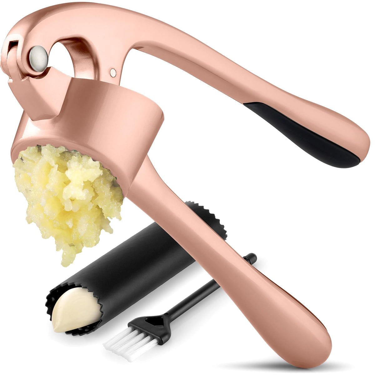 Zulay Kitchen Stainless Steel Garlic Press Rocker Set - Time Saving, Durable Strong Garlic Mincer Tool - Easy to Use & Clean Garlic Crusher Set with Peeler and Scraper Kitchen Gadget Smasher