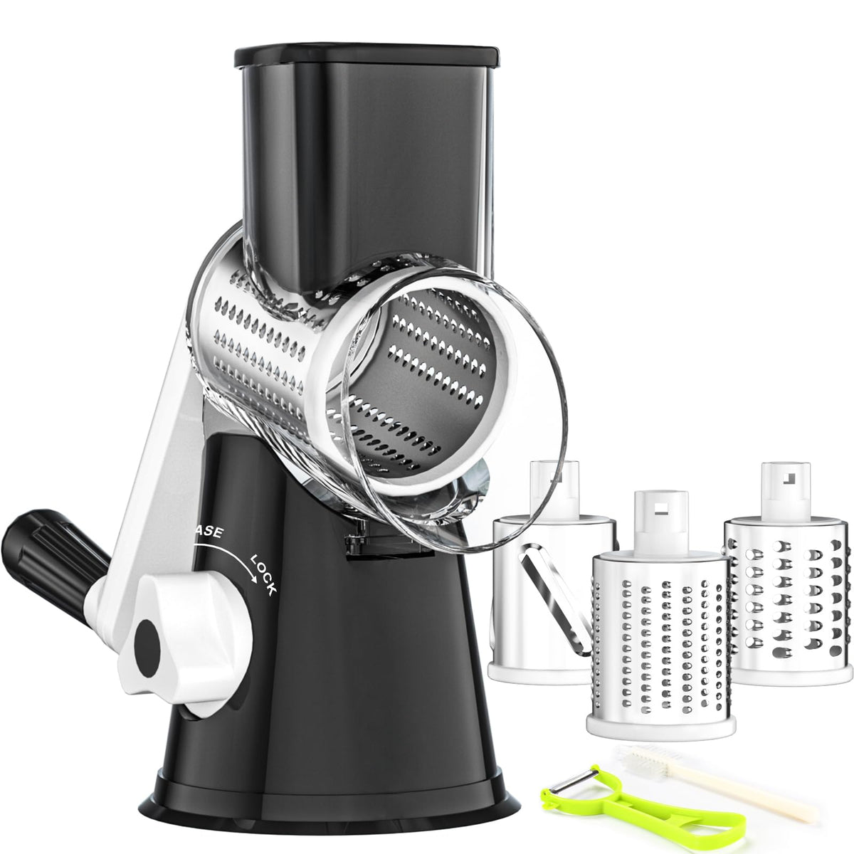 Ourokhome Rotary Cheese Grater Hand Crank, Kitchen Shredder Speed Mandolin Slicer Nuts Grinder with Handle and Drum Blades for Cheese, Vegetable, Walnuts, Chocolate, Potato, Carrot, 3 Blades, White