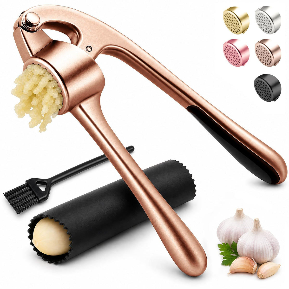Kitchen Garlic Press, Rust Proof & Dishwasher Safe Garlic Mincer, Durable Garlic Crusher Set with Peeler&Brush, Easy to Clean and Squeeze, Matte