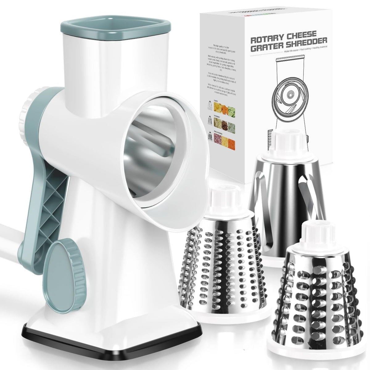 KEOUKE Rotary Cheese Grater Hand Crank Transparent - Shredder Slicer Grinder 3 Stainless Steel Blades, Stable Suction, Labor-Saving Handle, Safe Kitchen Tool for Cheese, Vegetable, Nuts, Chocolate