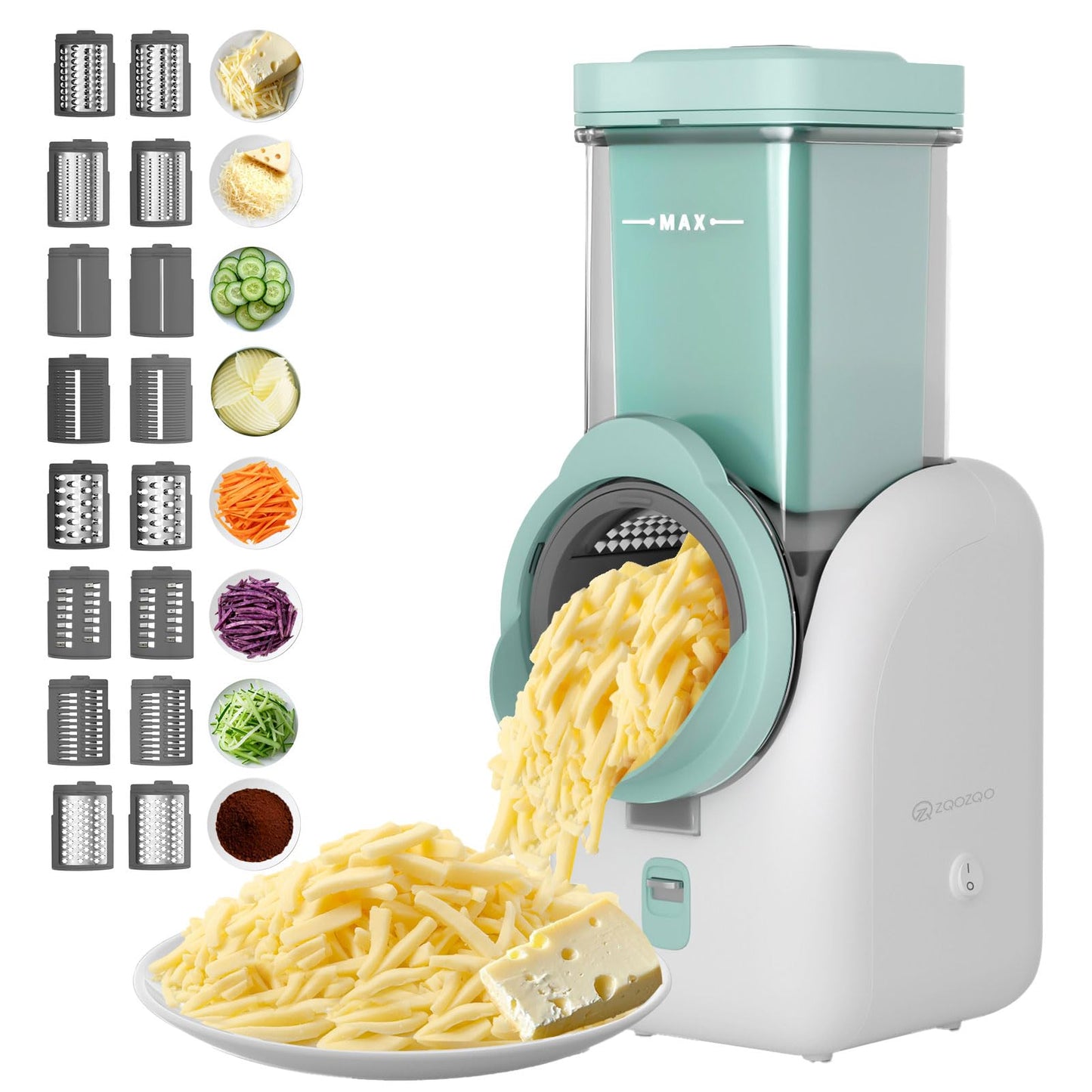 Upgraded 8-in-1 Electric Cheese Grater & Electric Cheese Shredder with 8 Interchangeable Blades for Cheese, Vegetables, Fruits and Nuts