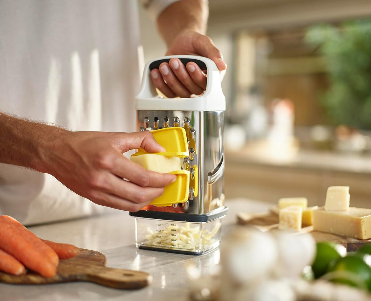 Joseph Joseph Multi-Grip Box Grater with Precision food grip, Stainless Steel blades for grating and slicing, non-slip base, Dishwasher safe