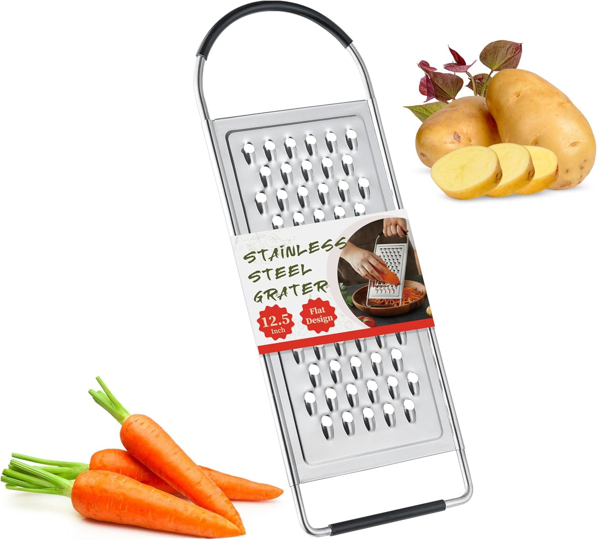 Cheese Grater Handheld, HIA Flat Coarse Stainless Steel Graters for Kitchen, Food Grater with Anti-Slip Handle, Perfect for Potato, Vegetable, Butter, Parmesan Cheese