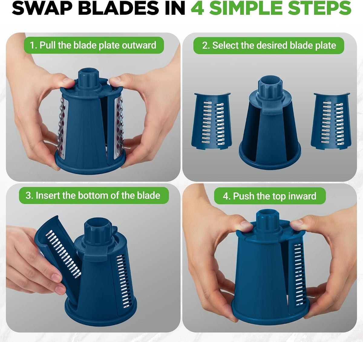 NutriChef 5 in 1 Cheese Grater & Shredder | 5 Different Blades for Thin, Thick, Julienne Strips, Wavy, & Straight Strips | Includes Hand Crank, Strong Suction Base & Storage Container | Blue