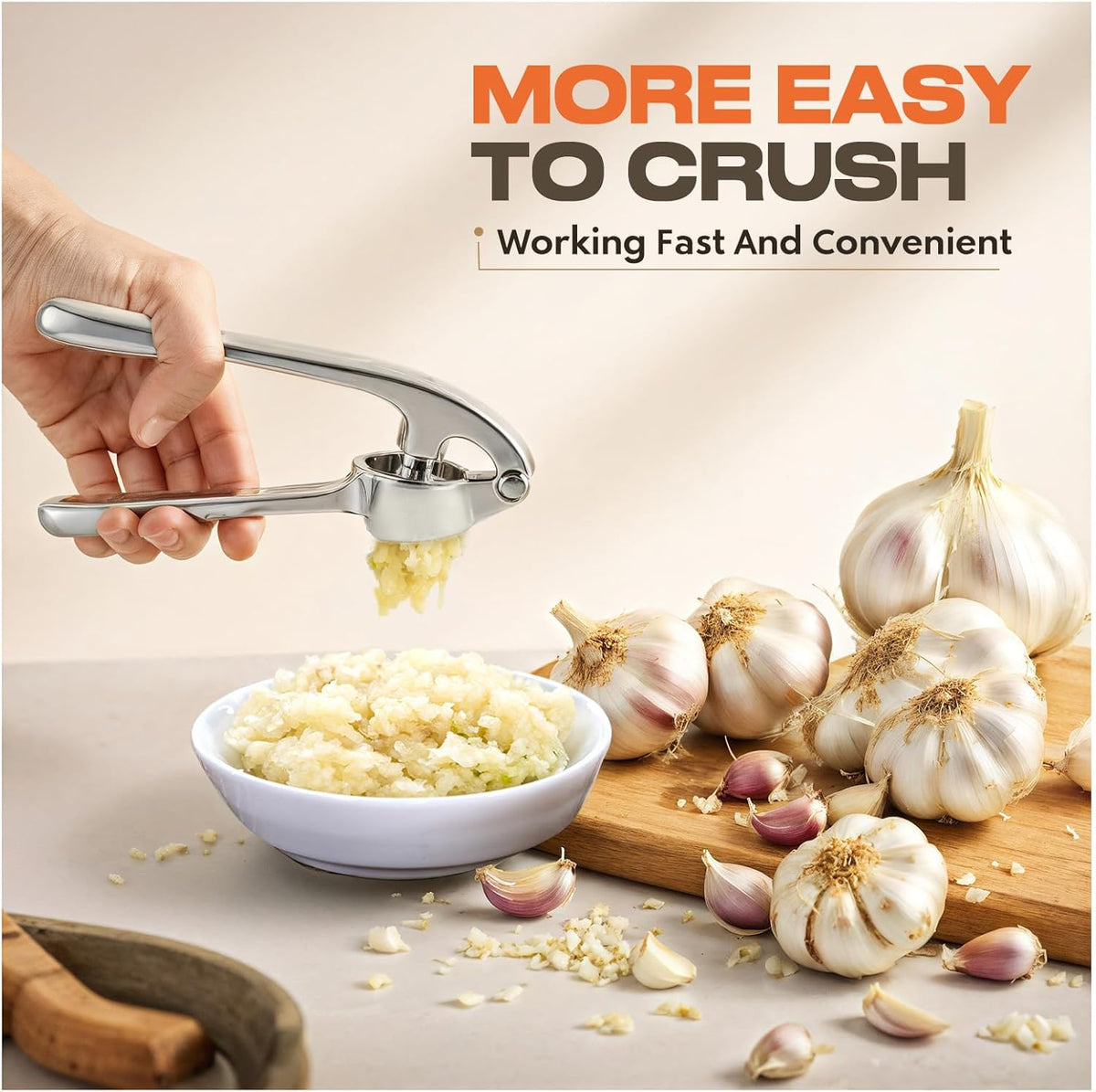 Kitchen Garlic Press, Rust Proof & Dishwasher Safe Garlic Mincer, Durable Garlic Crusher Set with Peeler&Brush, Easy to Clean and Squeeze, Matte