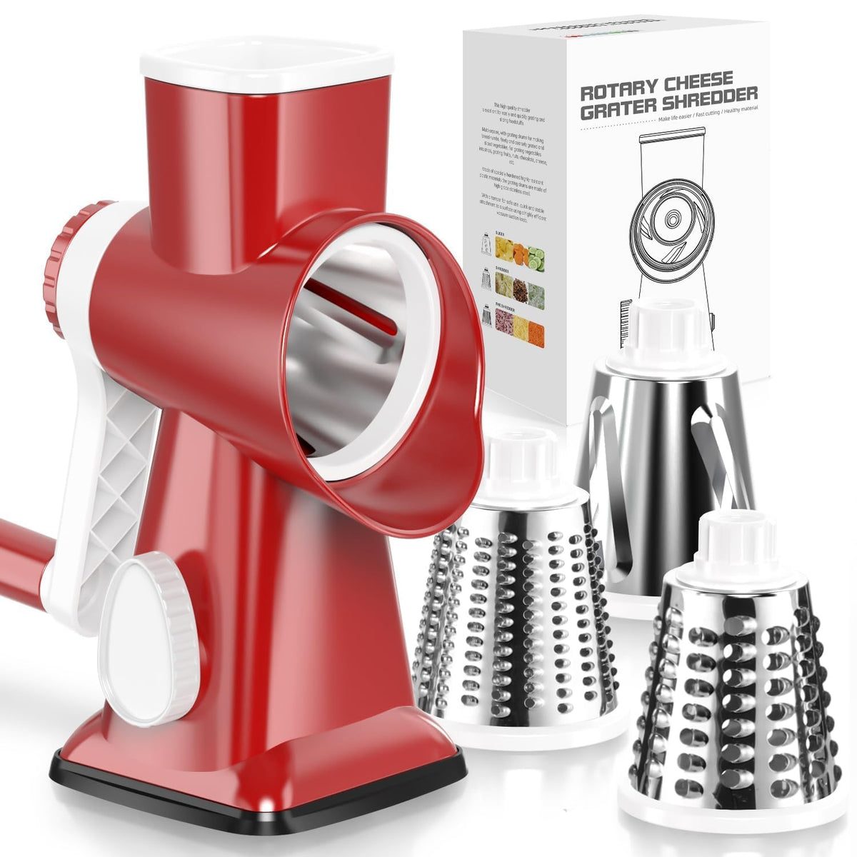 KEOUKE Rotary Cheese Grater Hand Crank Transparent - Shredder Slicer Grinder 3 Stainless Steel Blades, Stable Suction, Labor-Saving Handle, Safe Kitchen Tool for Cheese, Vegetable, Nuts, Chocolate