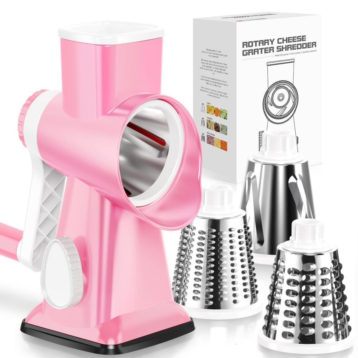 KEOUKE Rotary Cheese Grater Hand Crank Transparent - Shredder Slicer Grinder 3 Stainless Steel Blades, Stable Suction, Labor-Saving Handle, Safe Kitchen Tool for Cheese, Vegetable, Nuts, Chocolate