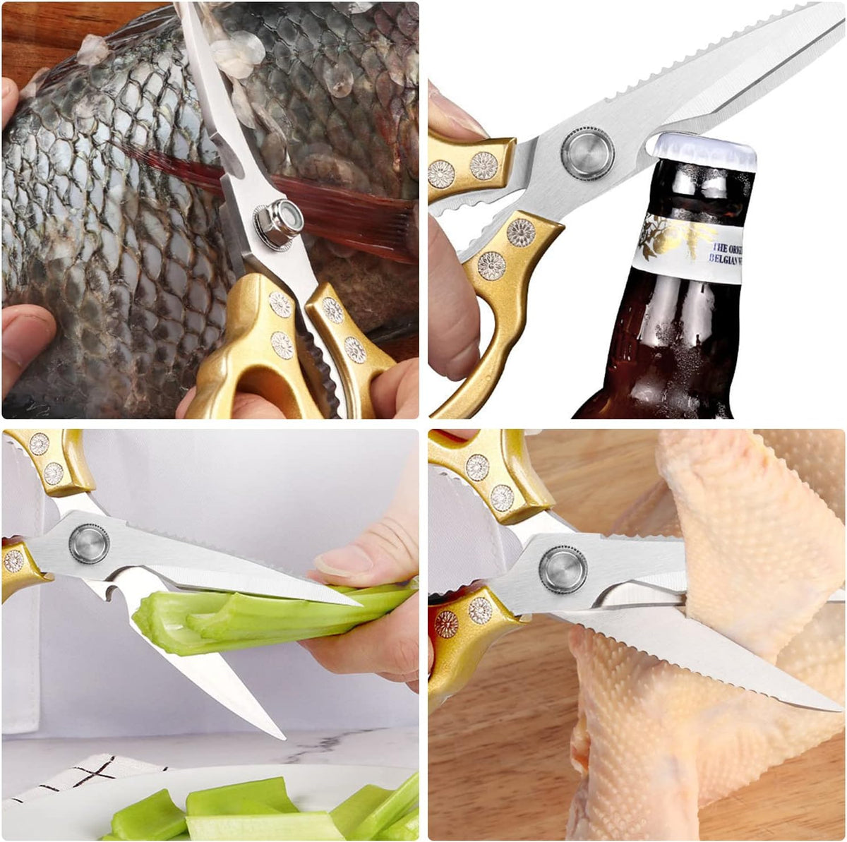 AWinjoy Kitchen Scissors, Heavy Duty Sharp Shears Dishwasher Safe, Kitchen Accessories Cooking Shears for Meat Chicken Fish Poultry Herb Bread (gold)