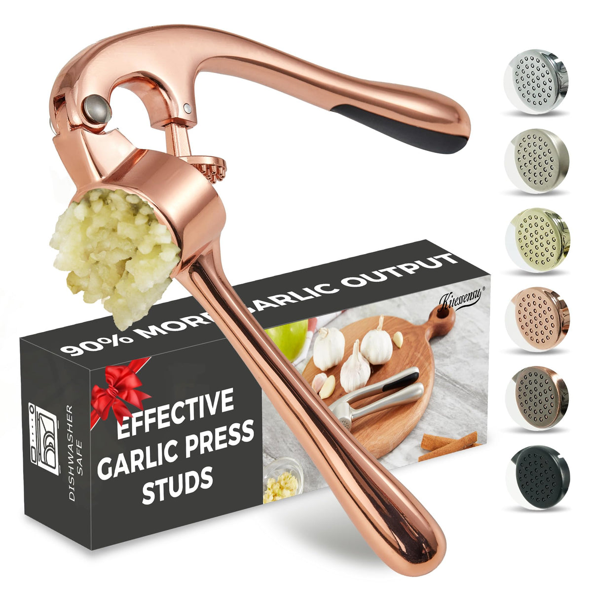 Kitessensu High Effective Garlic Press With Studs, Heavy Duty Garlic Mincer, Easy to Squeeze and Clean, Rust Proof, Ginger Crusher - Golden