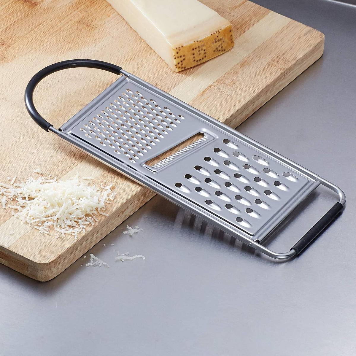 Amazon Basics Cheese Grater with Handle, Stainless Steel Zester, Easy to Clean, Dishwasher Safe, Rectangular, Non-Slip, Multifunction Tool for Kitchen Prep, Vegetables, Black