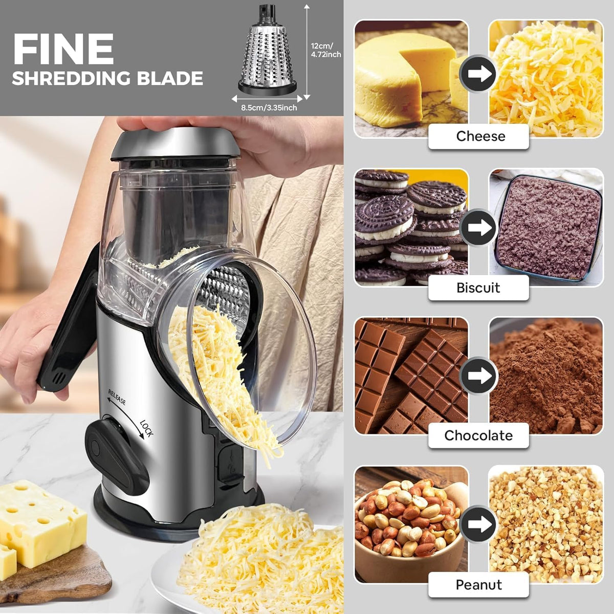 Airpro Rotary Cheese Grater with Handle - Vegetable Shredder with 3 Stainless Steel Blades & Strong Suction Base,Round Mandoline Slicer & Food Chopper for Kitchen