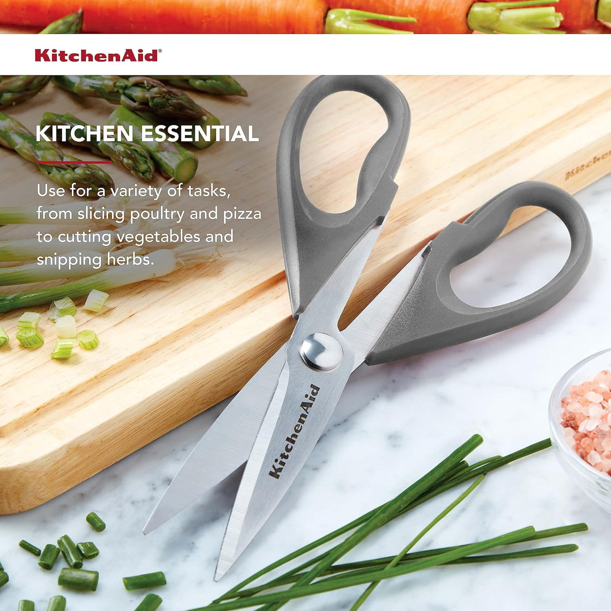 KitchenAid All Purpose Kitchen Shears with Protective Sheath Durable Stainless Steel Scissors, Dishwasher Safe, Soft Grip Comfort Handle, 8.72 Inch, Gray