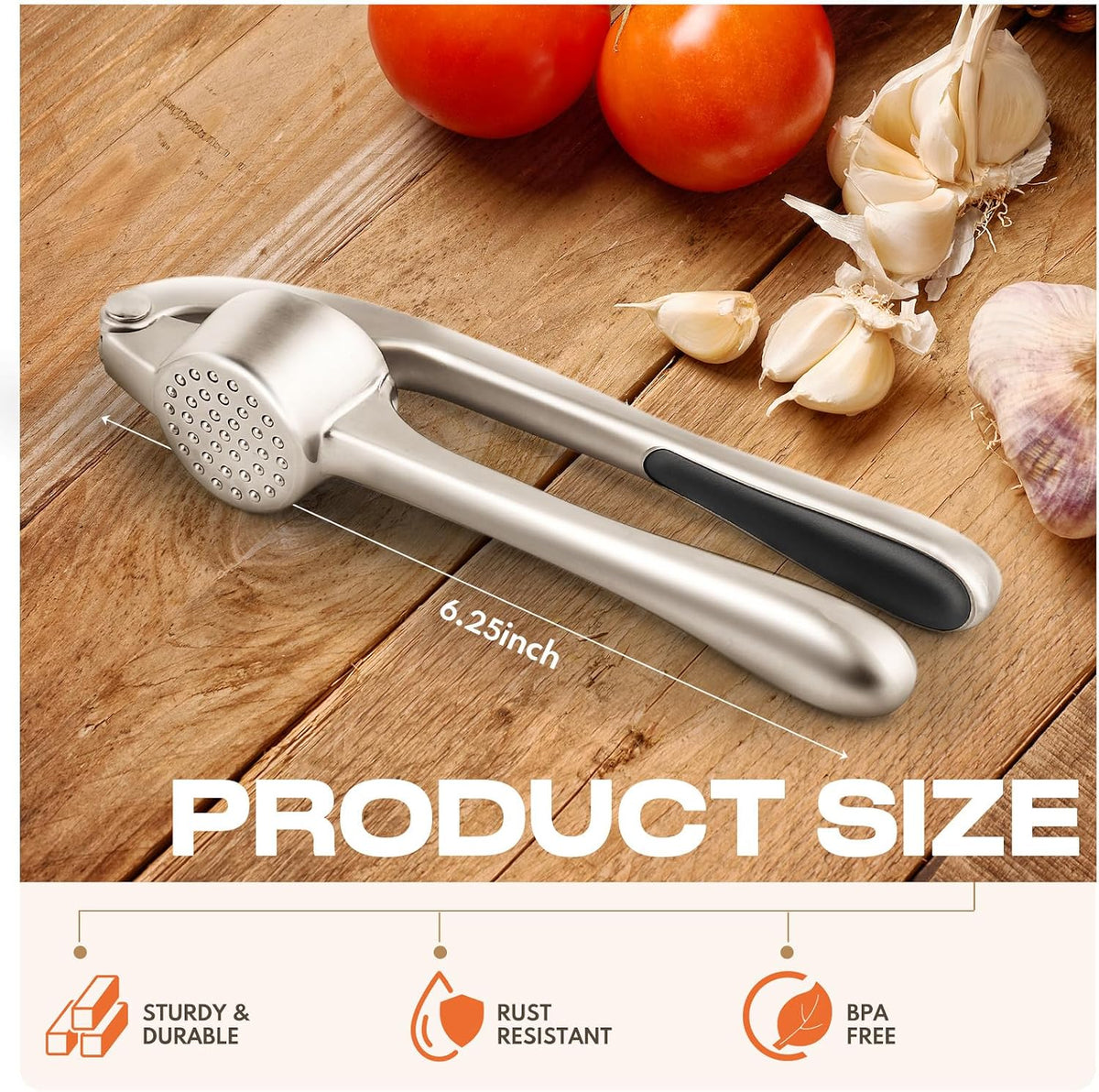 Kitchen Garlic Press, Rust Proof & Dishwasher Safe Garlic Mincer, Durable Garlic Crusher Set with Peeler&Brush, Easy to Clean and Squeeze, Matte