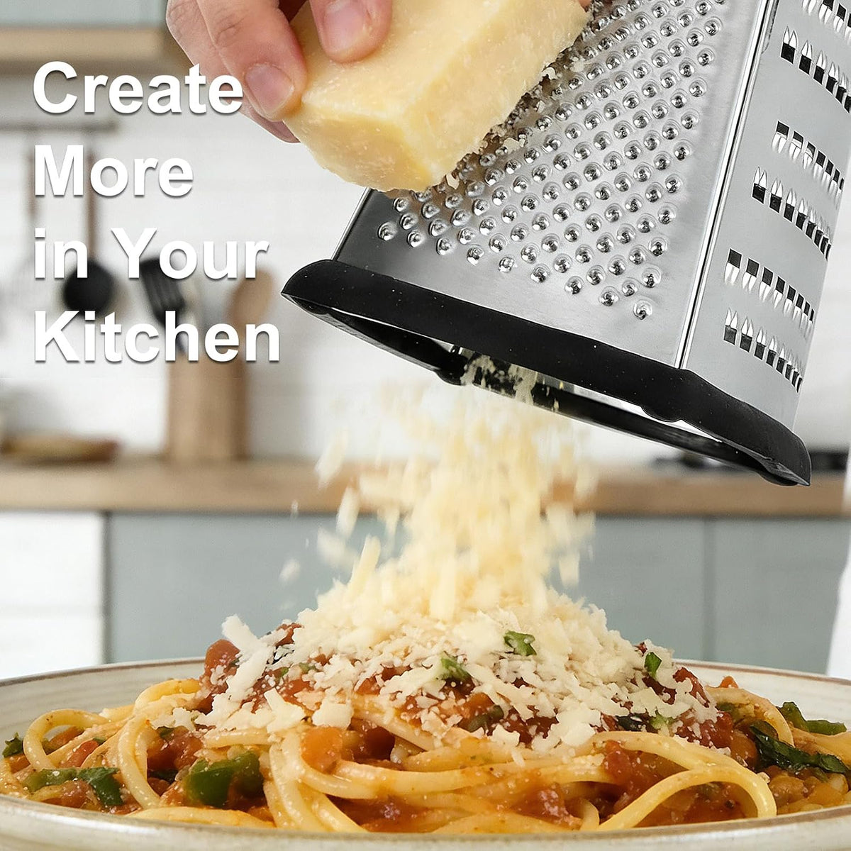 Ourokhome Cheese Grater, Handheld Box Grater with Container & Lid, 4-Sided Stainless Steel for Kitchen, Wavy Julienne, Slicer, Coarse Shred & Fine Zester, Non-Slip Base, Dishwasher Safe, 8 Inch