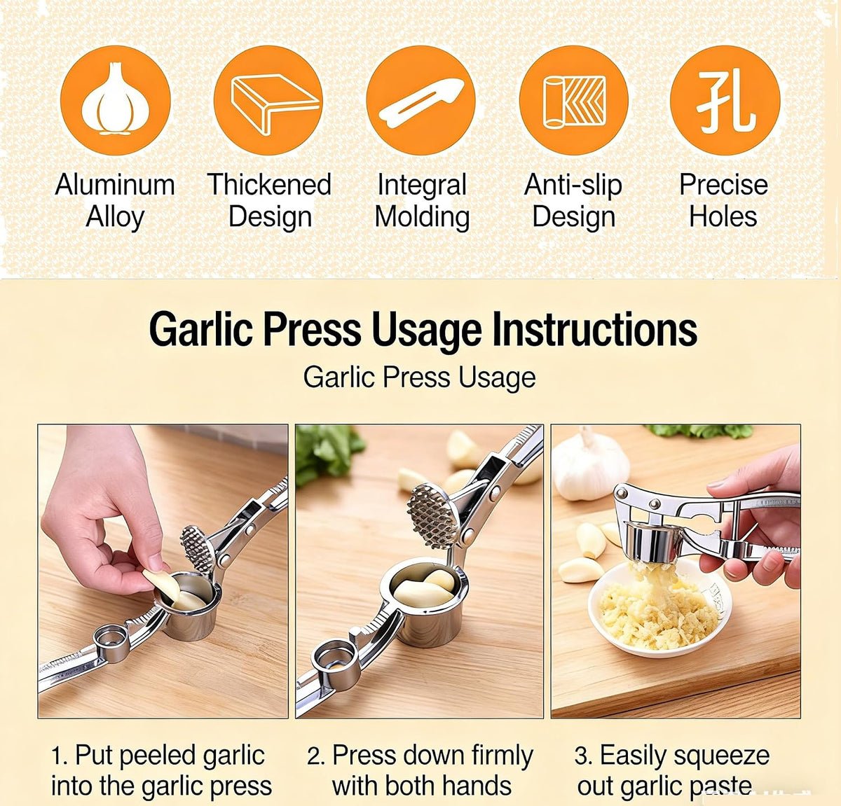 Multifunctional Garlic Press, 3-in-1 Kitchen Tool, Aluminium Alloy, Garlic Crusher with Walnut Cracker and Bottle Opener