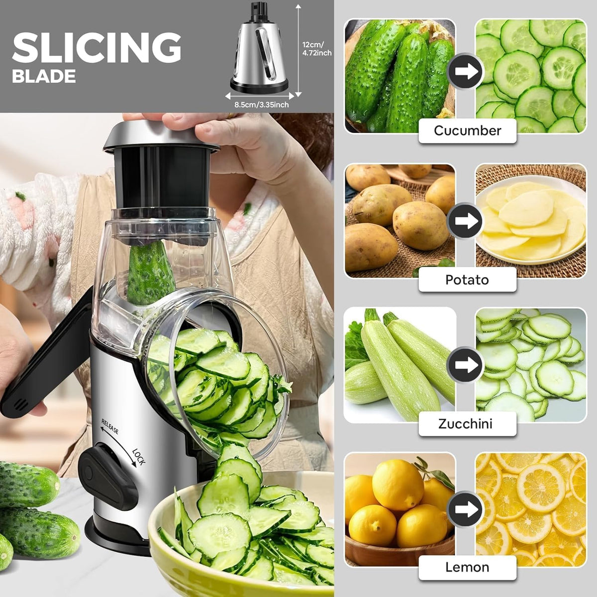 Airpro Rotary Cheese Grater with Handle - Vegetable Shredder with 3 Stainless Steel Blades & Strong Suction Base,Round Mandoline Slicer & Food Chopper for Kitchen