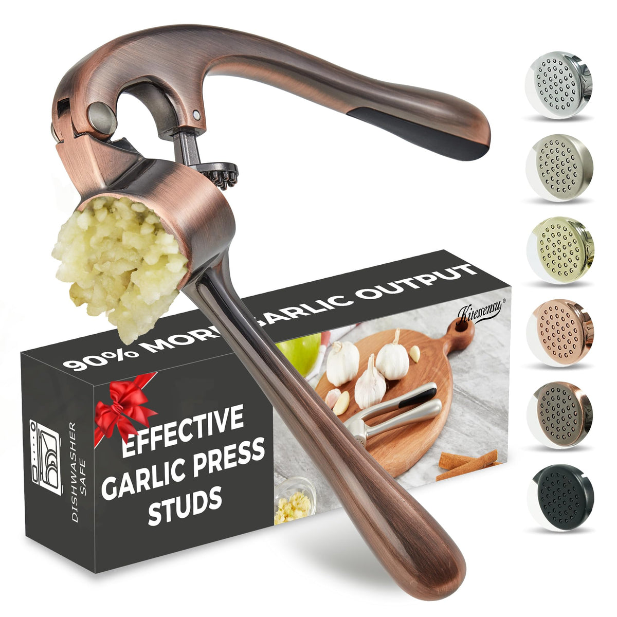 Kitessensu High Effective Garlic Press With Studs, Heavy Duty Garlic Mincer, Easy to Squeeze and Clean, Rust Proof, Ginger Crusher - Golden