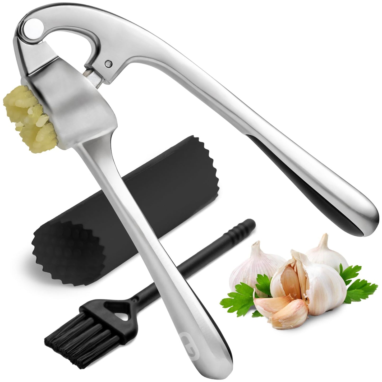 Garlic Press Crusher & Mincer – Easy Squeeze Ergonomic Handle, Heavy Duty Zinc Alloy, Dishwasher Safe, Includes Peeler & Cleaning Brush – Garlic Ginger Crusher Tool (Imperial Silver)