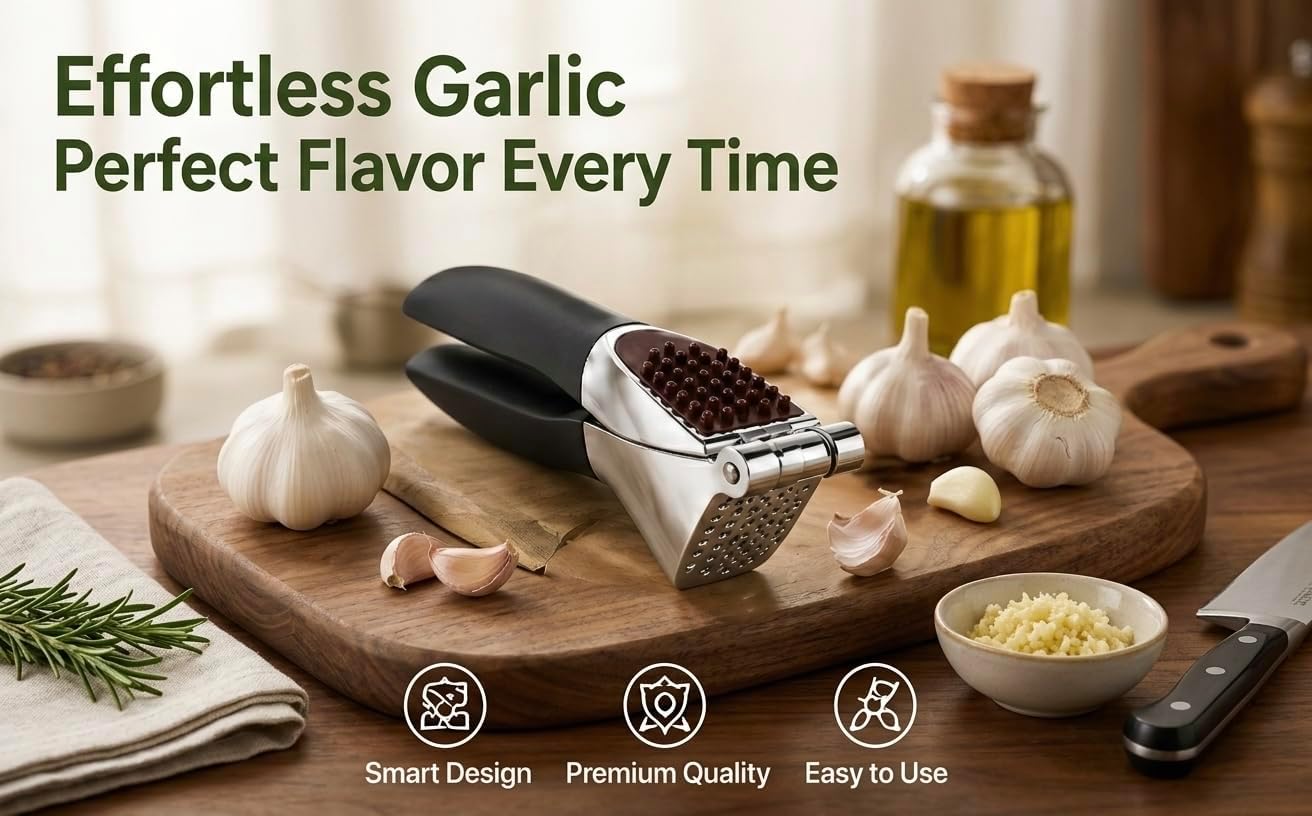 HOMFTY Garlic Press Set – Heavy Duty Stainless Steel Garlic Mincer & Crusher with Silicone Peeler, Ginger Press & Cleaning Brush – Large Chamber, Ergonomic Non-Slip Handle, No Peeling Needed