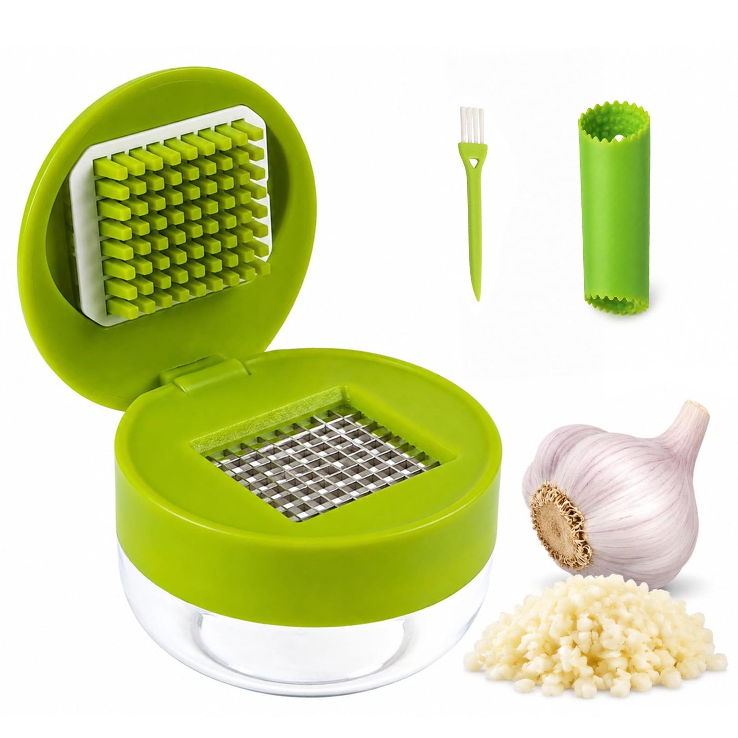 3-in-1 Garlic Press Set with Peeler & Brush, Manual Garlic Mincer Tool with Storage Container for Easy Prep and Cleanup (2 Pack)