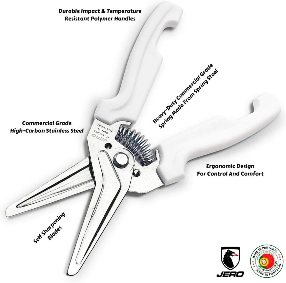 JERO Spring Assisted Kitchen Shears with Holder — Durable Stainless Steel Scissors for Herbs, Kitchen Tasks, Floral Trimming, Crafting — Made in Portugal by Jero Knife Company
