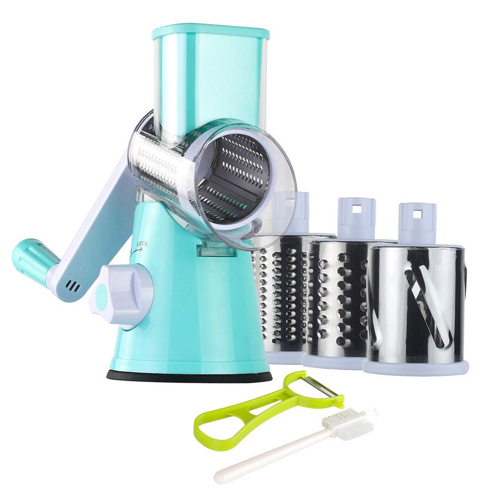 Ourokhome Rotary Cheese Grater Hand Crank, Kitchen Shredder Speed Mandolin Slicer Nuts Grinder with Handle and Drum Blades for Cheese, Vegetable, Walnuts, Chocolate, Potato, Carrot, 3 Blades, White