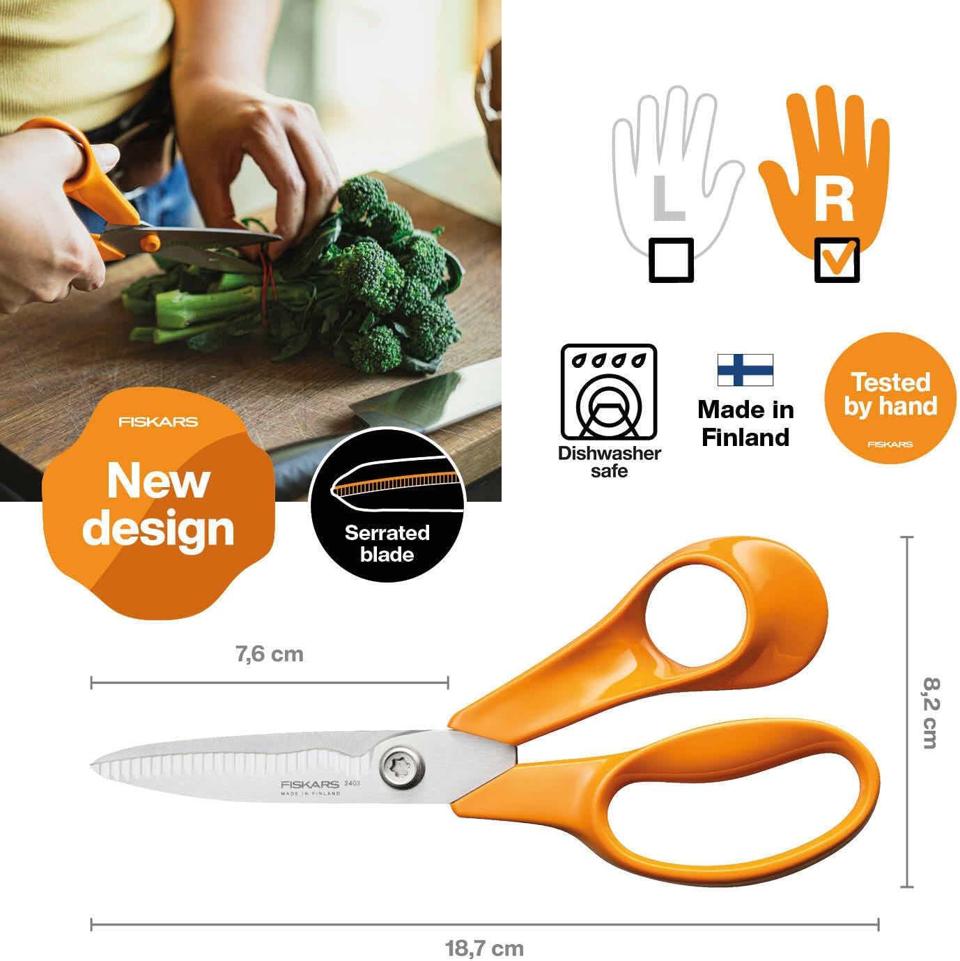 Fiskars Classic Kitchen Scissors, Serrated Blades, Right-Handed use, Total Length: 18.7 cm, Improved Torx Screw and More Ergonomic Handle, Quality Steel/Plastic, Orange, 1075051
