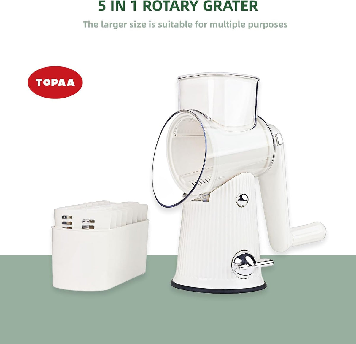 Rotary Cheese Grater with Handle - Vegetable Shredder with 5 Blades & Strong Suction Base, Round Slicer & Food Chopper for Kitchen (White)