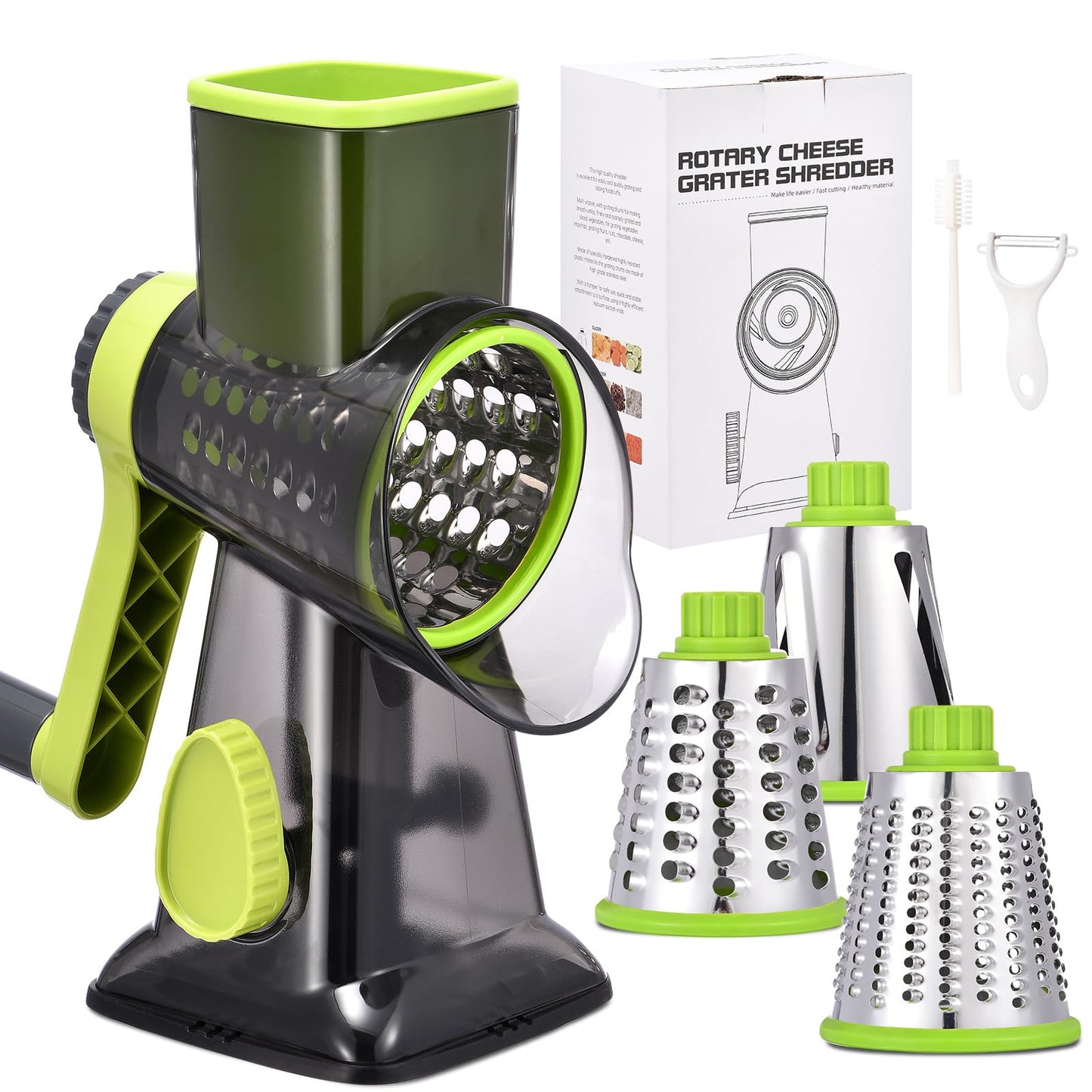 Rotary Cheese Grater with Handle Kitchen Shredder Slicer Grater Slicer Ice Shaver Cheese Vegetable Nuts Potato Zucchini Chocolate 3 Interchangeable Blades (GreyBlue