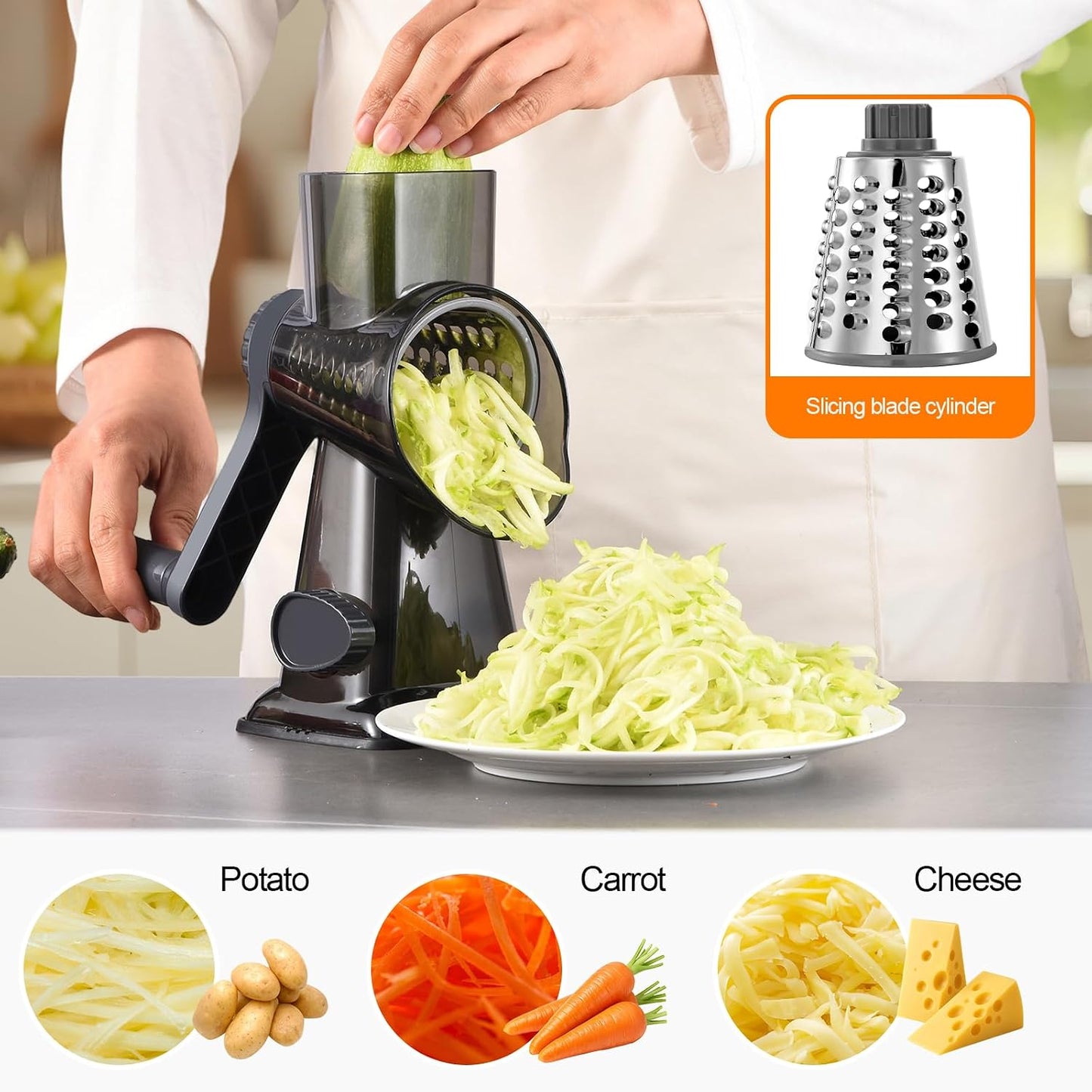 Rotary Cheese Grater Manual Hand Crank 3-in-1 Vegetable Shredde