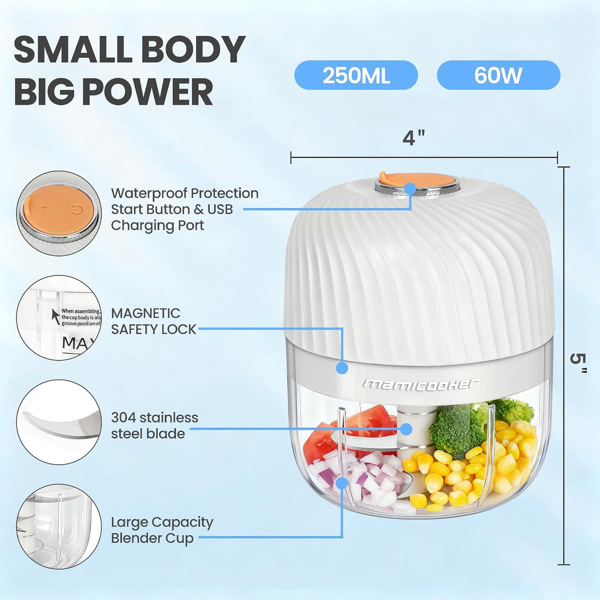 Electric Garlic Chopper 250ML, Mini USB Rechargeable Veggie Chopper, Cordless Garlic Mincer Onion Chopper Food Chopper for Ginger Chili Meat Sauce, Wireless Food Processor, White