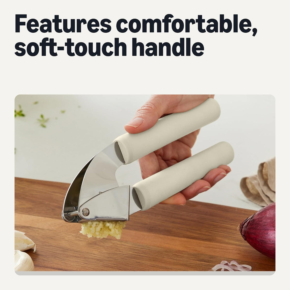 Amazon Basics Garlic Press, Stainless Steel, Soft Grip Handle, Dishwasher-Safe, Linen Gray