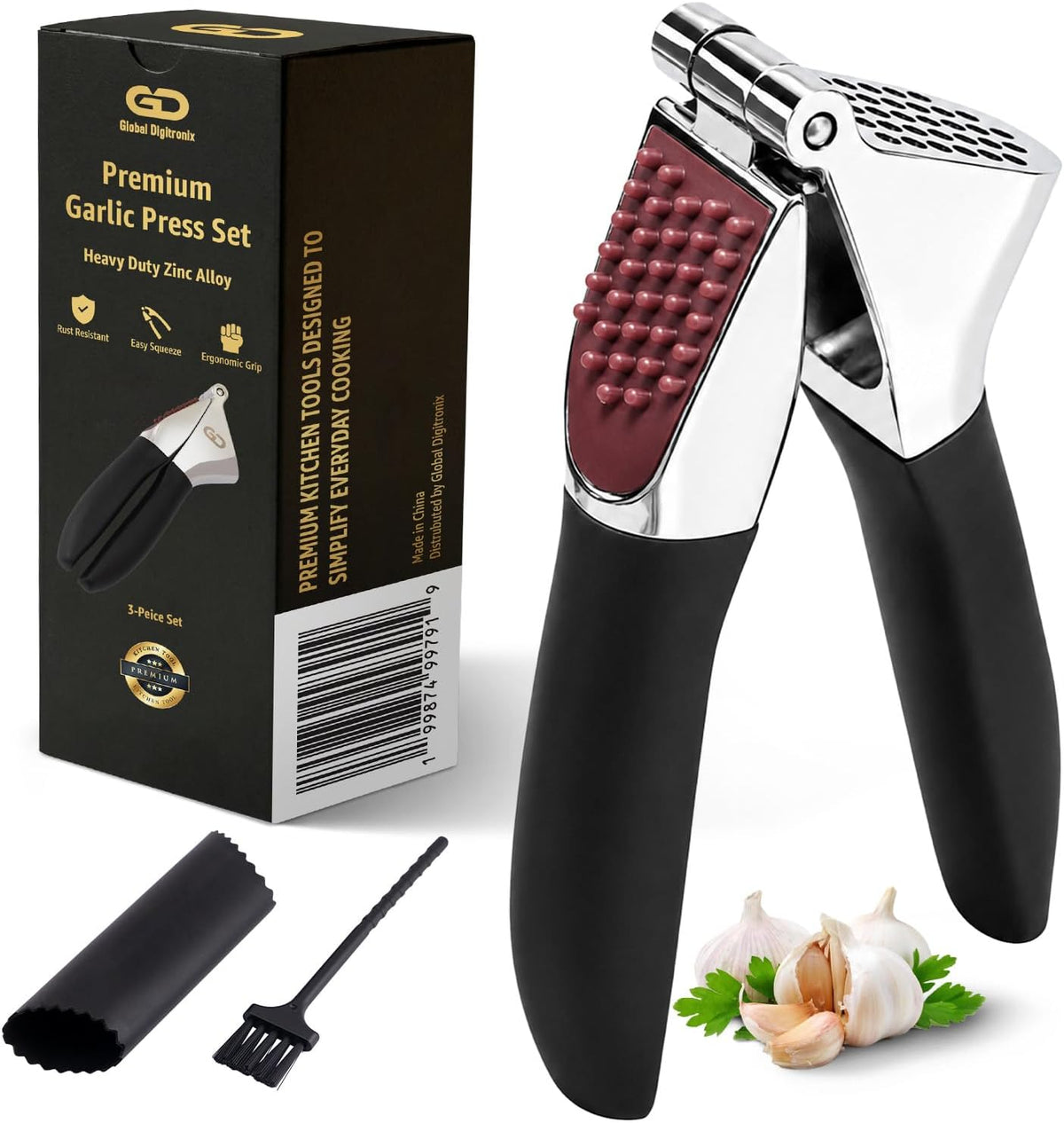 Garlic Press Set – Heavy Duty Garlic Crusher & Mincer | No Peel Required | Easy Squeeze & Clean | Ergonomic Handle | Ginger Press – Silicone Peeler & Cleaning Brush | Large Chamber Kitchen Tool