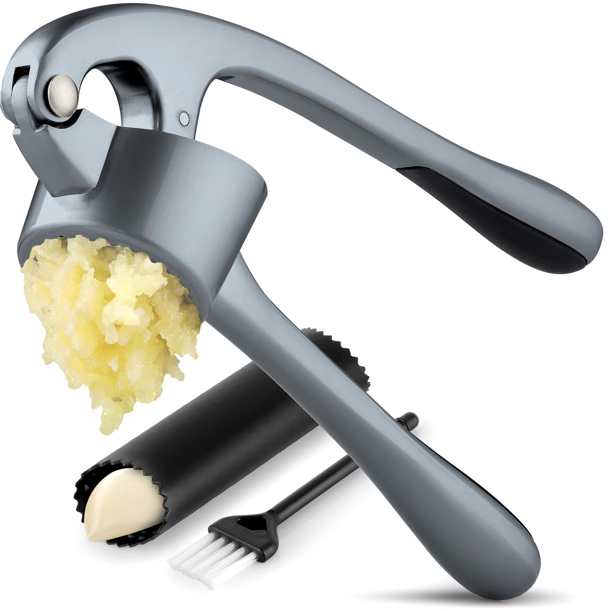 Zulay Kitchen Stainless Steel Garlic Press Rocker Set - Time Saving, Durable Strong Garlic Mincer Tool - Easy to Use & Clean Garlic Crusher Set with Peeler and Scraper Kitchen Gadget Smasher