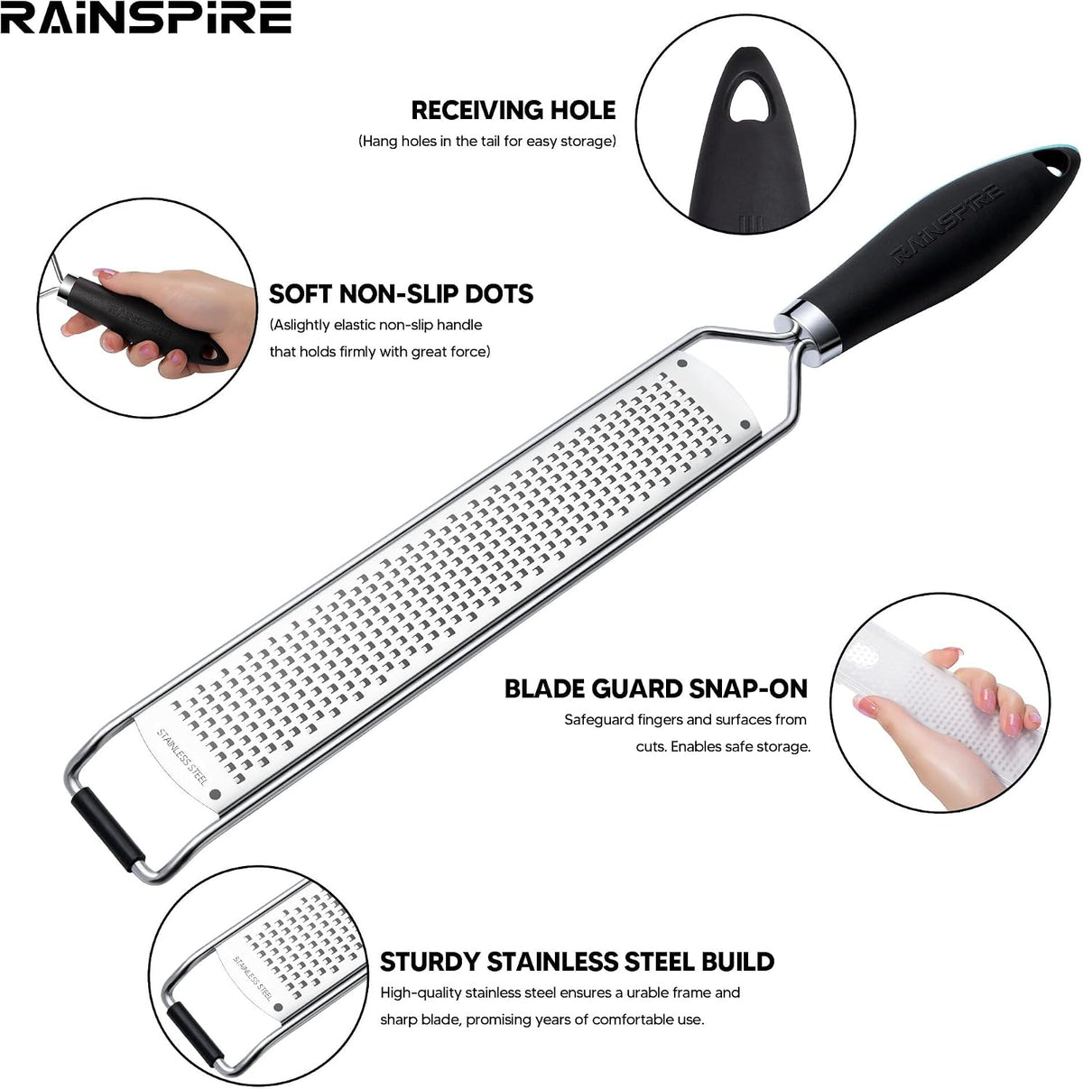 304 Stainless Steel Citrus Lemon Zester Spice Ginger Garlic Grater Black