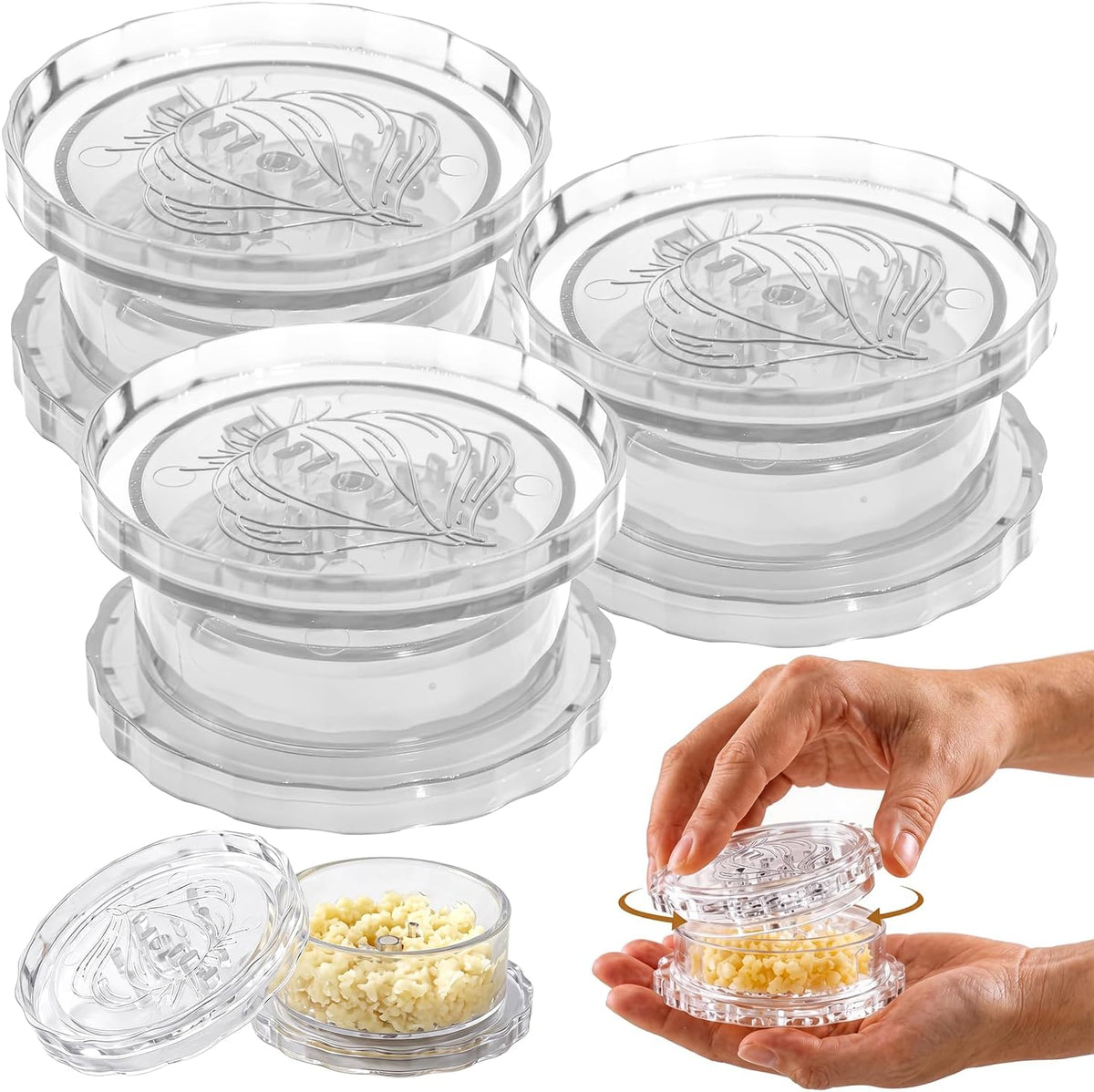 3 Pack Transparent Garlic Press, Manual Garlic Crusher and Mincer—Plastic Garlic Grinder and Chopper, rotary chopper suitable for garlic, chili peppers, compact and space-saving