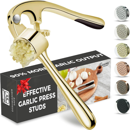 Kitessensu High Effective Garlic Press With Studs, Heavy Duty Garlic Mincer, Easy to Squeeze and Clean, Rust Proof, Ginger Crusher - Golden