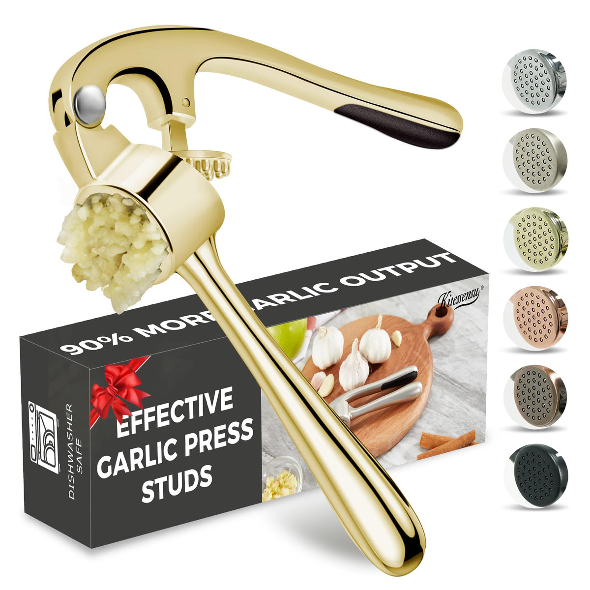 Kitessensu High Effective Garlic Press With Studs, Heavy Duty Garlic Mincer, Easy to Squeeze and Clean, Rust Proof, Ginger Crusher - Golden